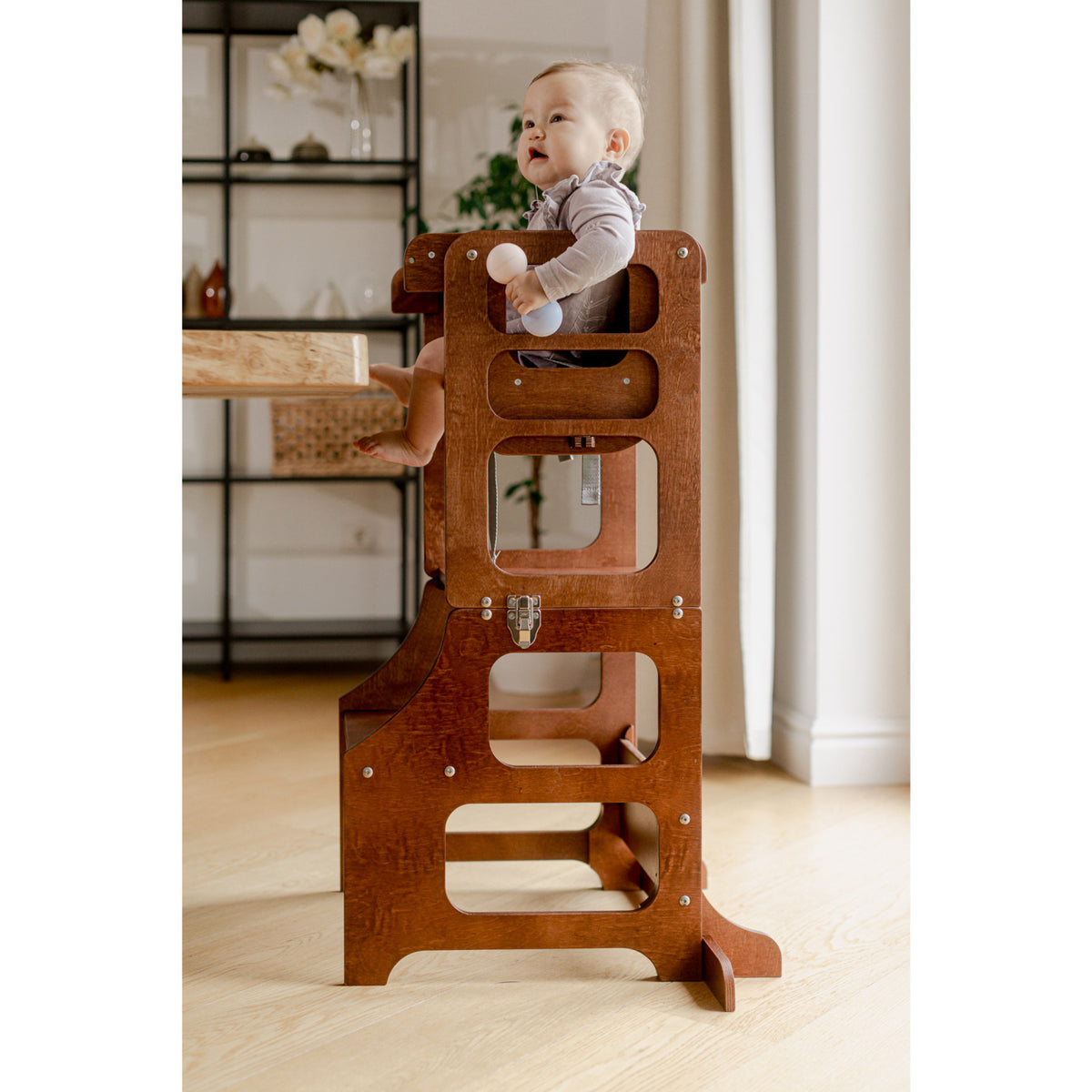 Duck Woodworks Honey Glaze Foldable Kitchen Tower Stained With High Chair Addon Set