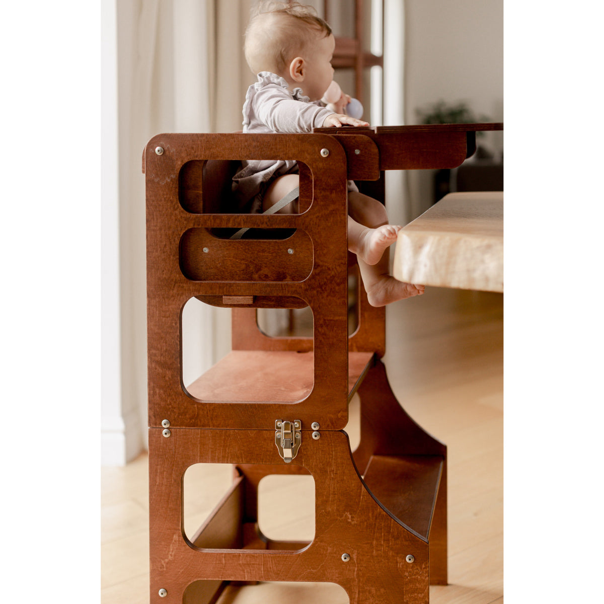 Duck Woodworks Honey Glaze Foldable Kitchen Tower Stained With High Chair Addon Set