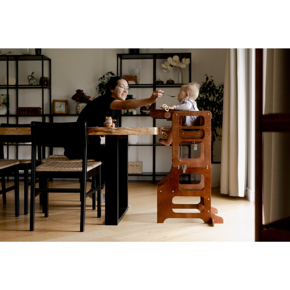 Duck Woodworks Honey Glaze Foldable Kitchen Tower Stained With High Chair Addon Set