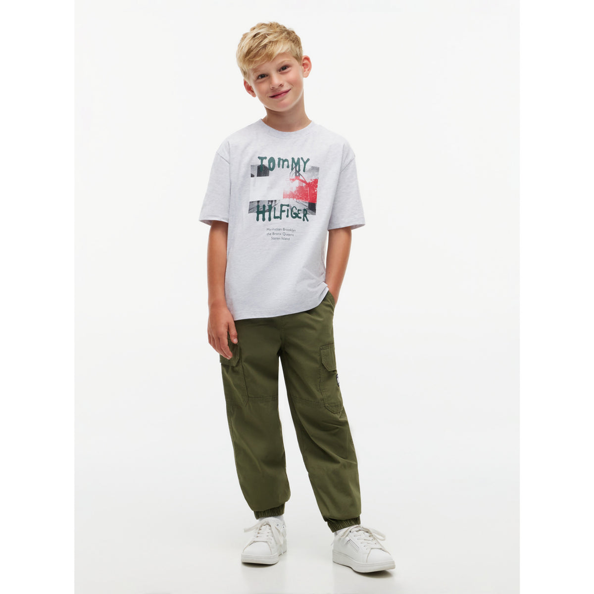 Tommy Hilfiger Grey Heather-Grey Flag Grafitti Tee Ss