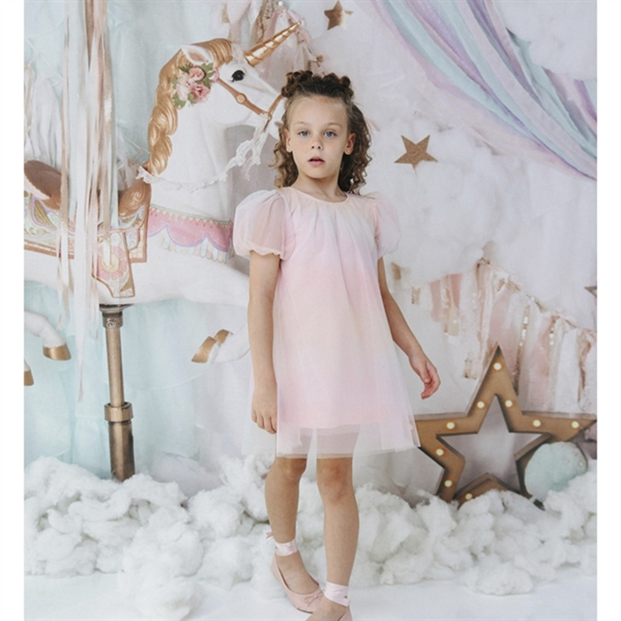 Dolly by Le Petit Tom Unicorn Rainbow Puff Tulle Dress Rainbow Pastel