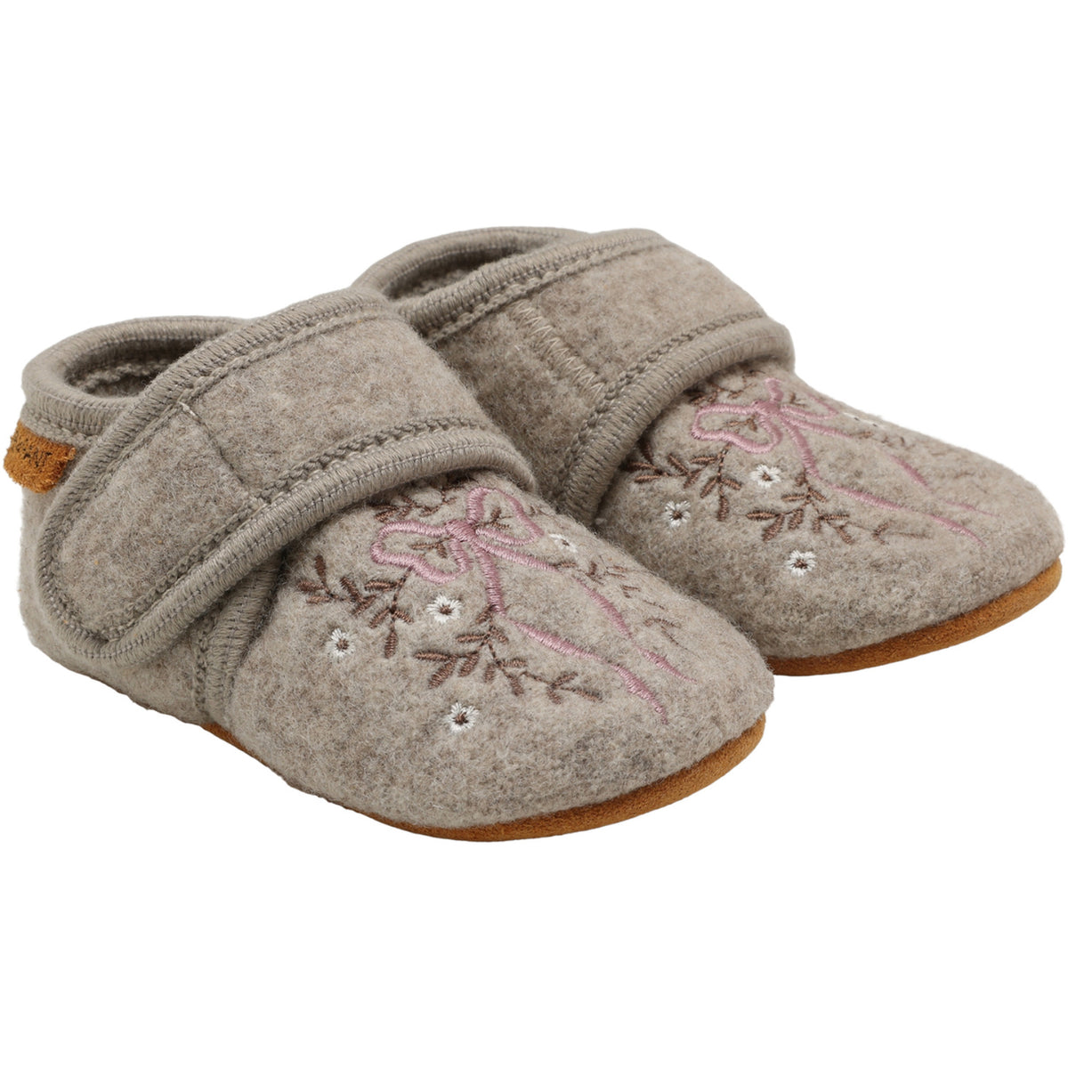 En Fant Sand Melange-Beige Wool Slippers W. Embroidery
