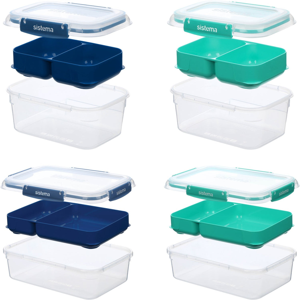 Sistema Minty Teal / Ocean Blue Club 4 Pack Stax To Go Lunch Boxes 2.2L