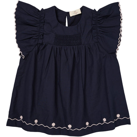 COPENHAGEN COLORS Navy Comb. Poplin Emb. Blouse W. Frill Sleeves