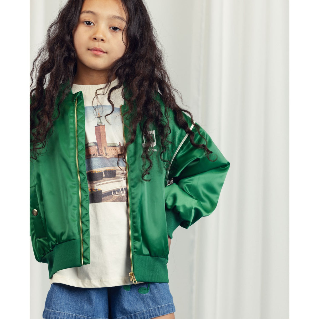 Mini Rodini Green Note Chenille Satin Baseball Jacket