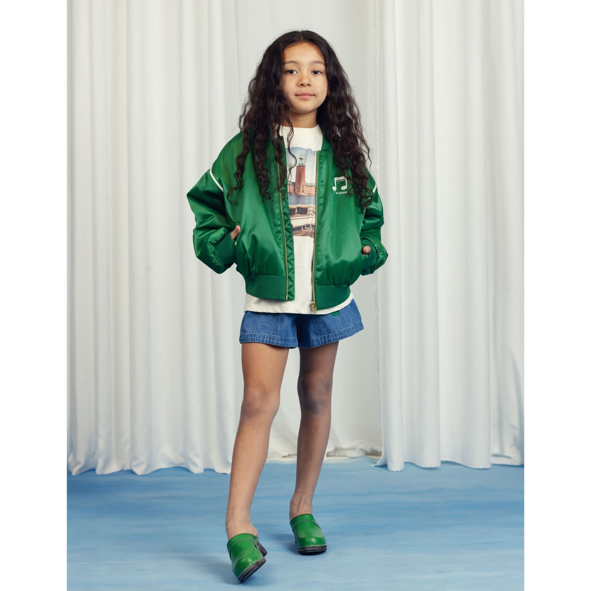 Mini Rodini Green Note Chenille Satin Baseball Jacket