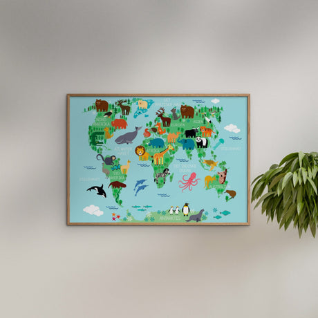 Poster & Frame Citatplakat - Verdenskort Plakat Med Dyr Til Børn