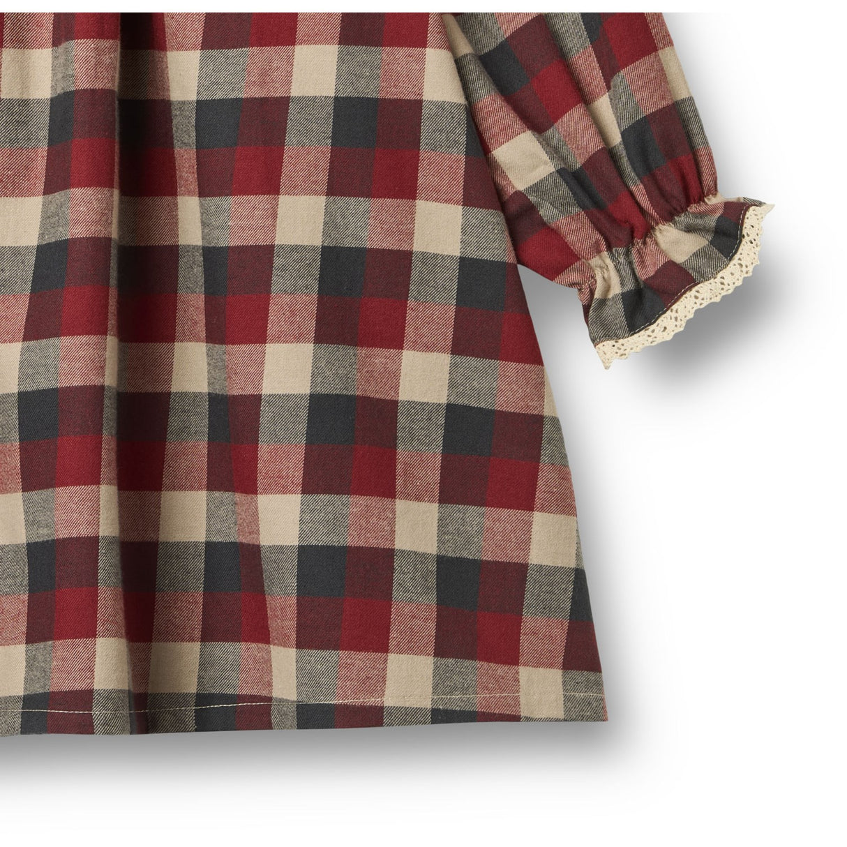 Wheat Red Blue Check Dress L/S Lace Bella