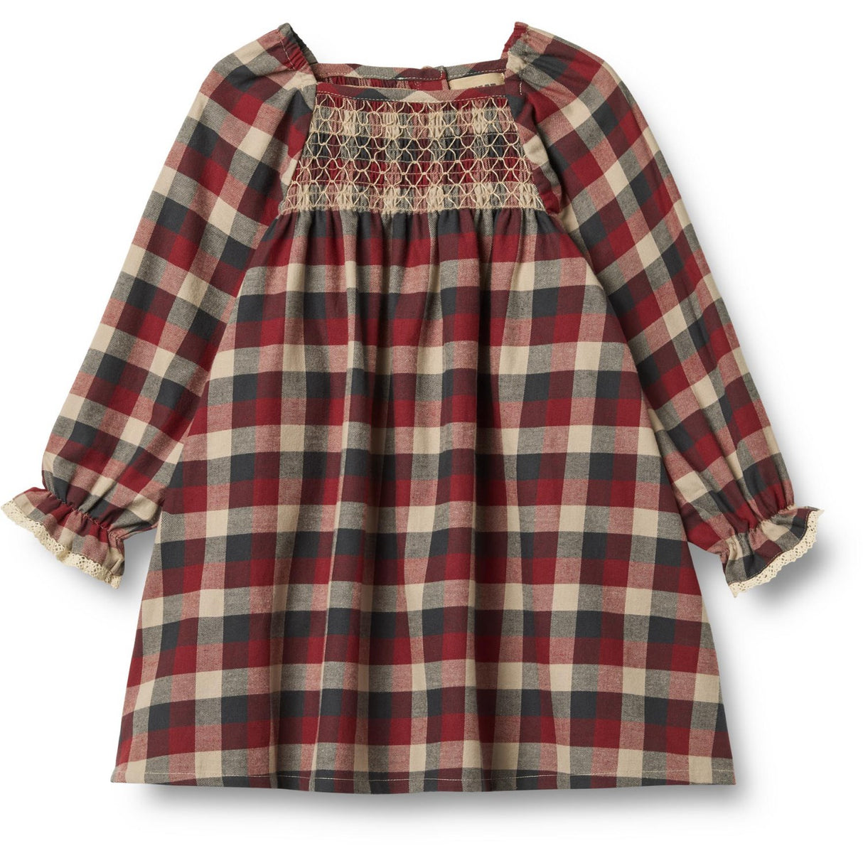 Wheat Red Blue Check Dress L/S Lace Bella