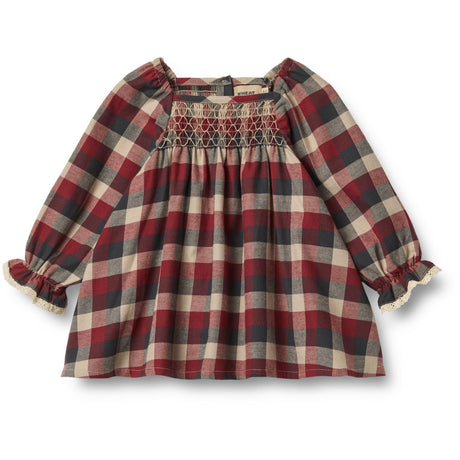 Wheat Red Blue Check Dress L/S Lace Bella