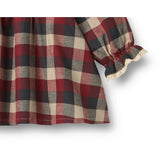Wheat Red Blue Check Dress L/S Lace Bella