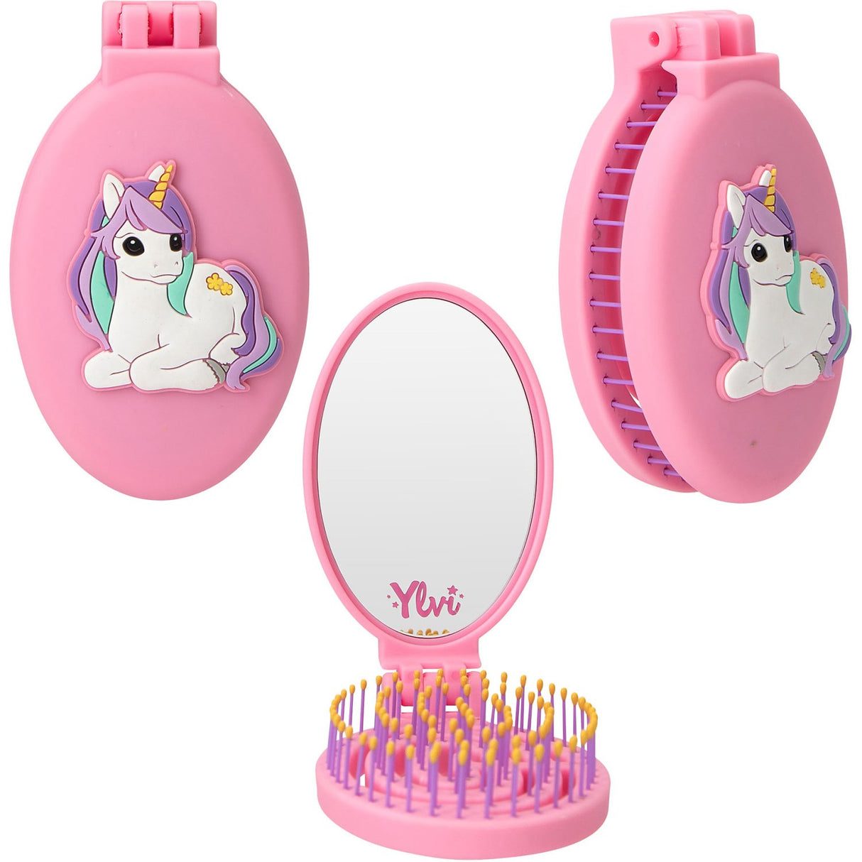 Ylvi Pink Folding Hairbrush With Unicorn
