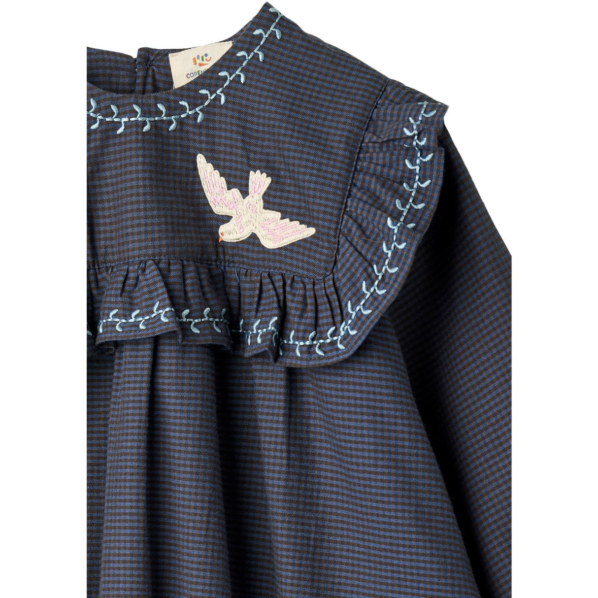 COPENHAGEN COLORS Brown/Blue Check Comb. Checkered Dress W. Embroidery And Ruffle