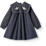 COPENHAGEN COLORS Brown/Blue Check Comb. Checkered Dress W. Embroidery And Ruffle