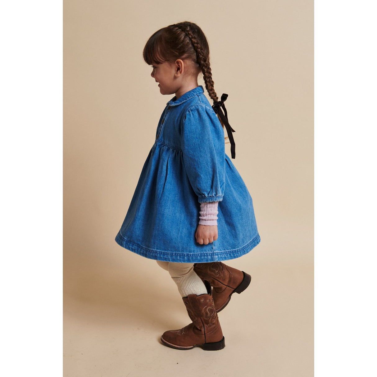 COPENHAGEN COLORS Indigo Blue Washed Organic Denim Dress W. Puff Sleeves