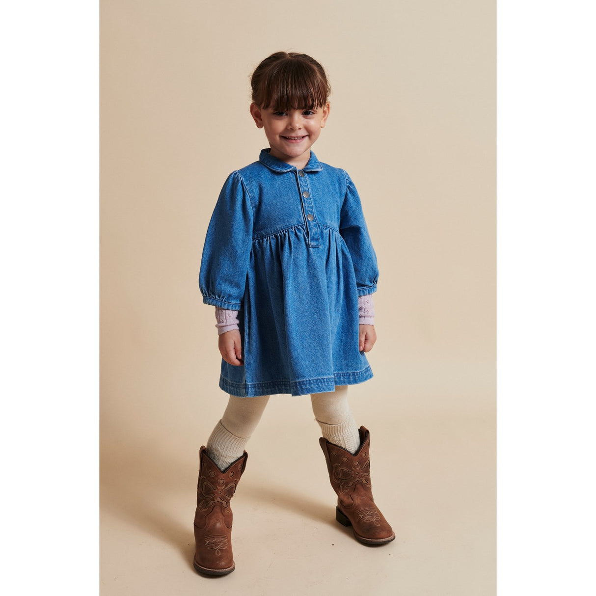 COPENHAGEN COLORS Indigo Blue Washed Organic Denim Dress W. Puff Sleeves