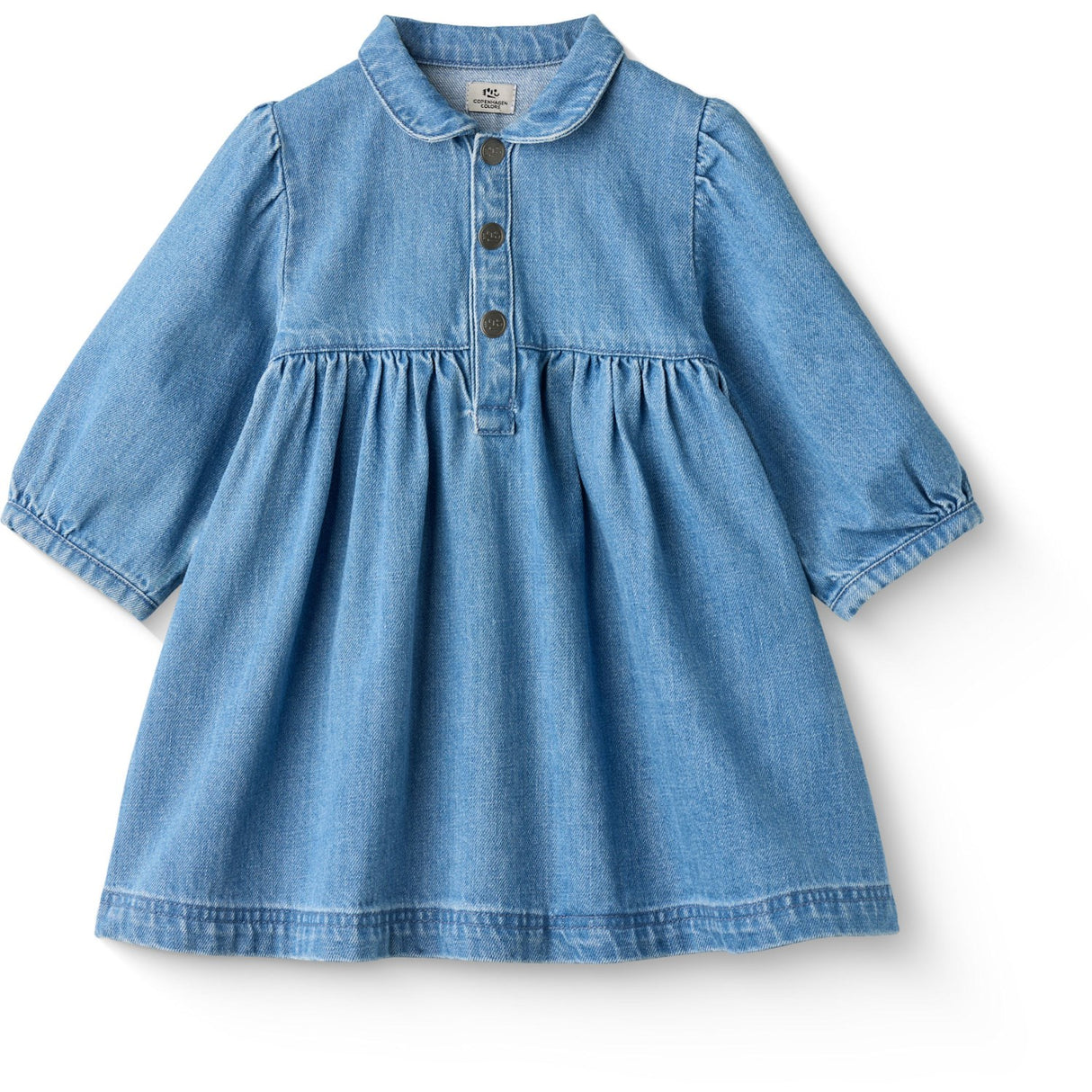COPENHAGEN COLORS Indigo Blue Washed Organic Denim Dress W. Puff Sleeves
