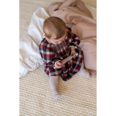 Wheat Red Blue Check Dress L/S Lace Bella