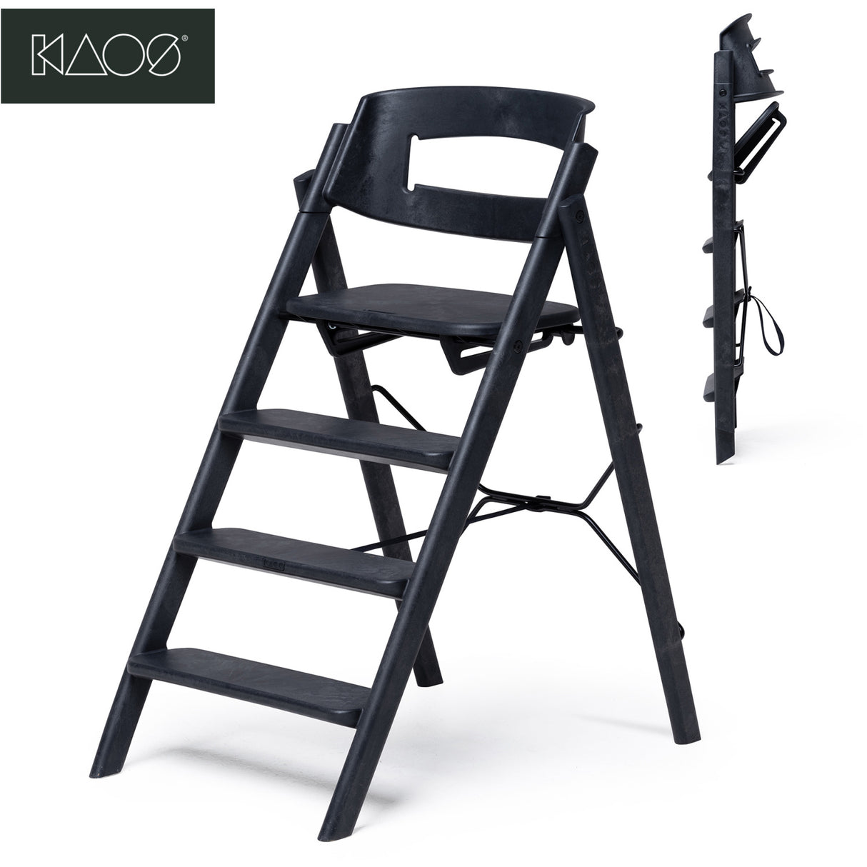 KAOS Charcoal Black Klapp High Chair Recycled With KLAPP® Safety Rail & Tray Bundle