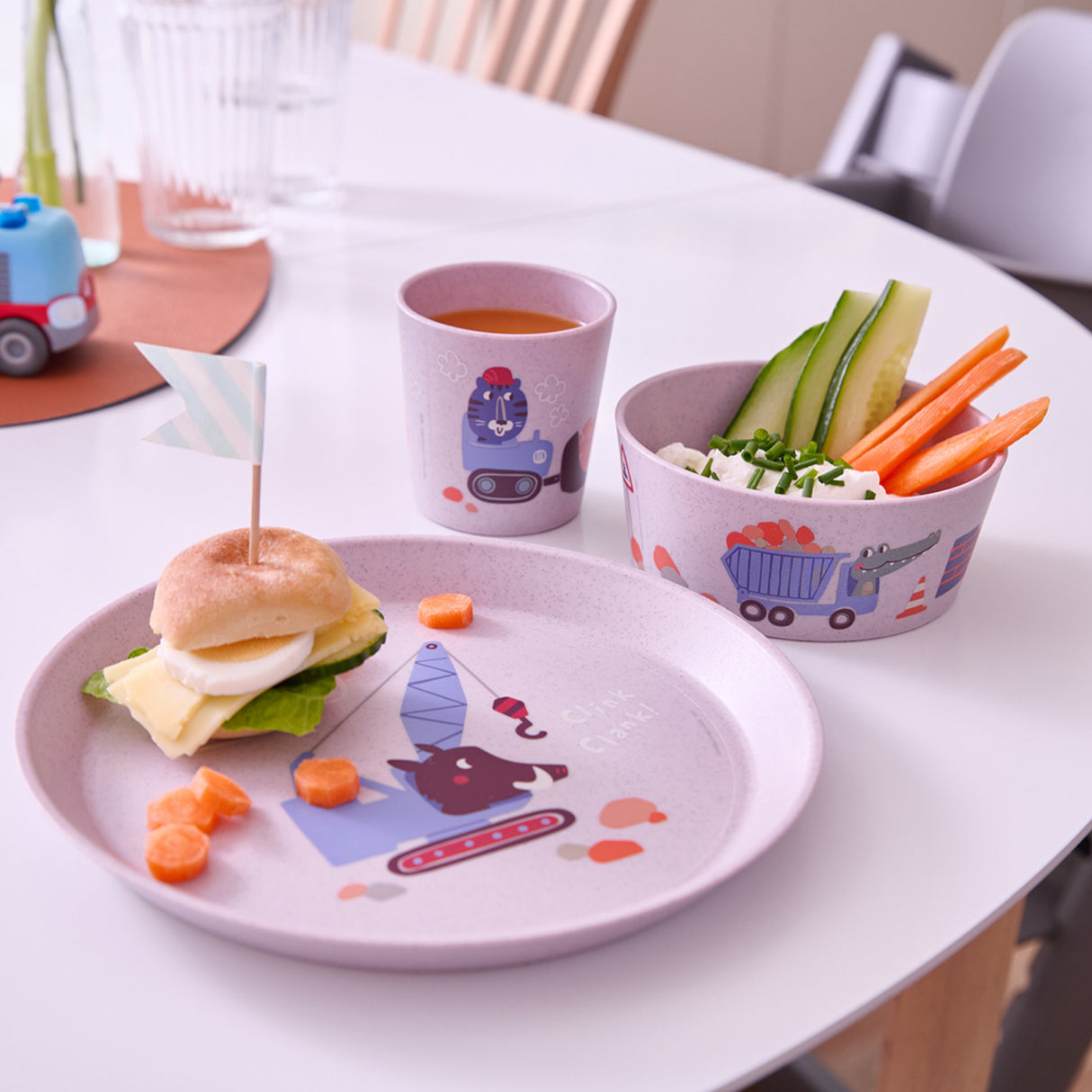 Koziol Organic Purple Grey Small Plate + Bowl + Cup Connect Trucks