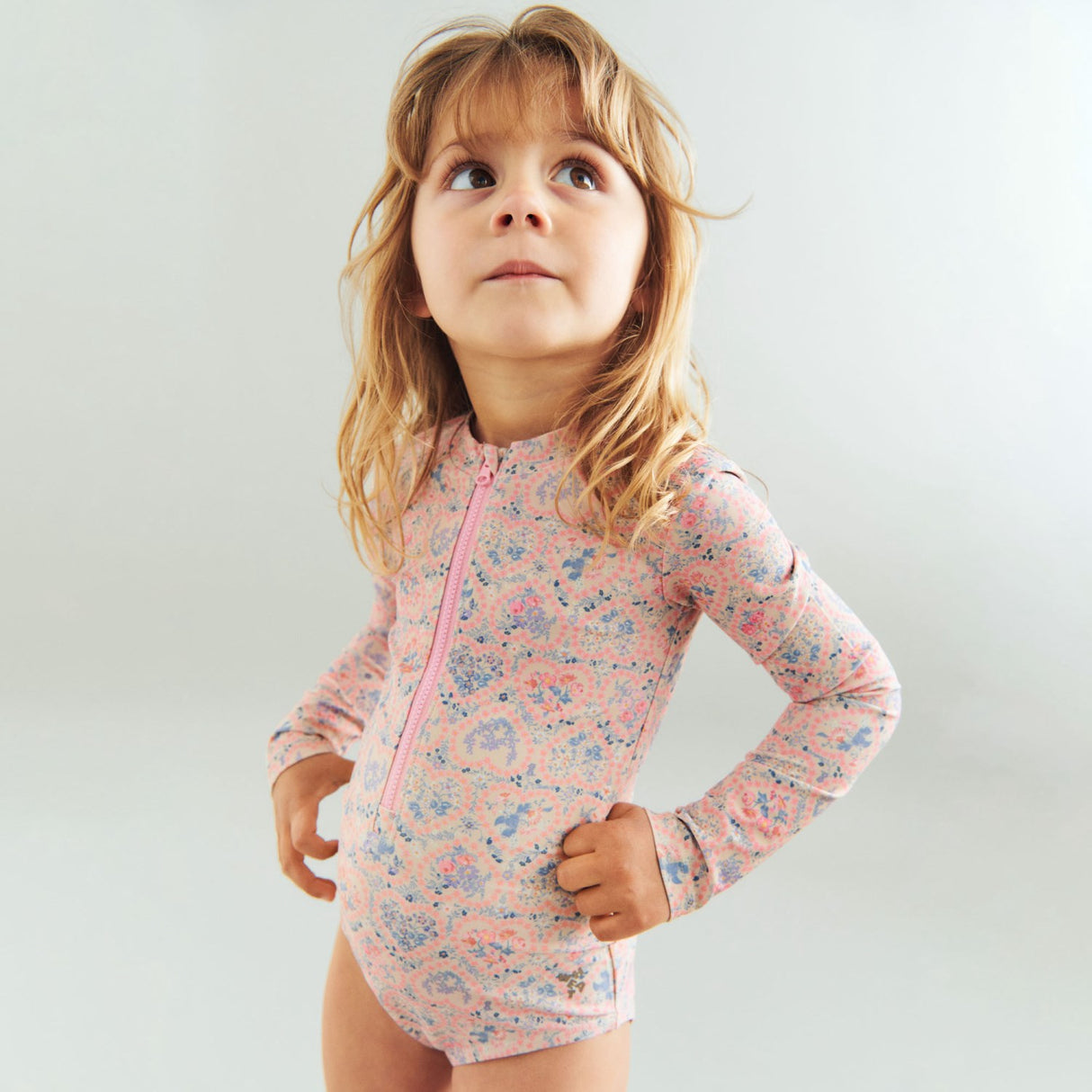 Wheat Pink Heart Flowers Swimsuit L/S Margot