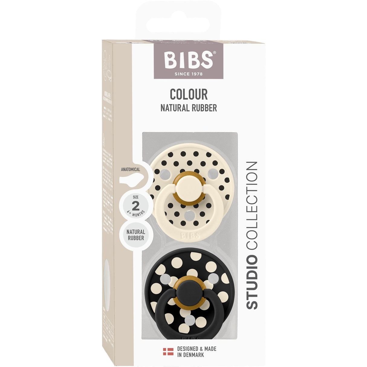 Bibs Ivory/Black Pacifier Studio Colour 2-Pack Polka Anatomical Latex