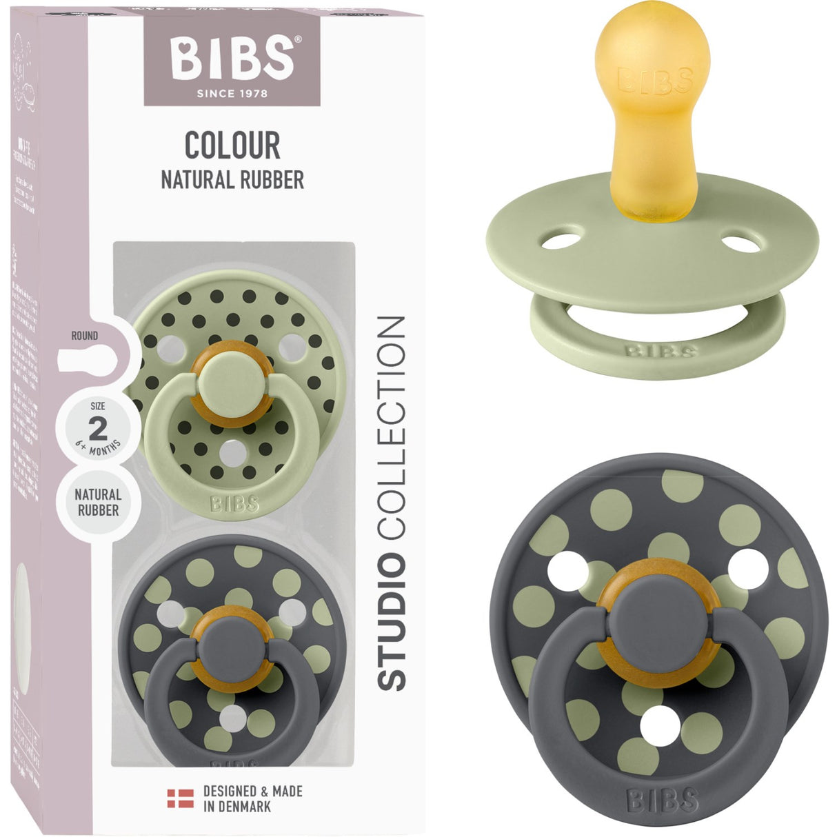 Bibs Sage/Iron Pacifier Studio Colour 2-Pack Polka Latex