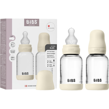 Bibs Ivory Glass Baby Bottle Round Silicone 2-Pack 120 Ml Slow Flow