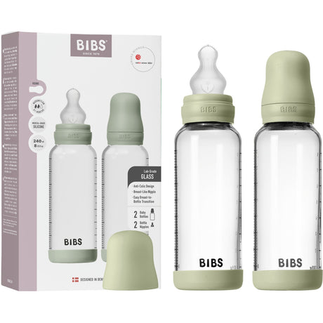 Bibs Sage Glass Baby Bottle Round Silicone 2-Pack 240 Ml Medium Flow