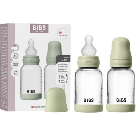 Bibs Sage Glass Baby Bottle Round Silicone 2-Pack 120 Ml Slow Flow