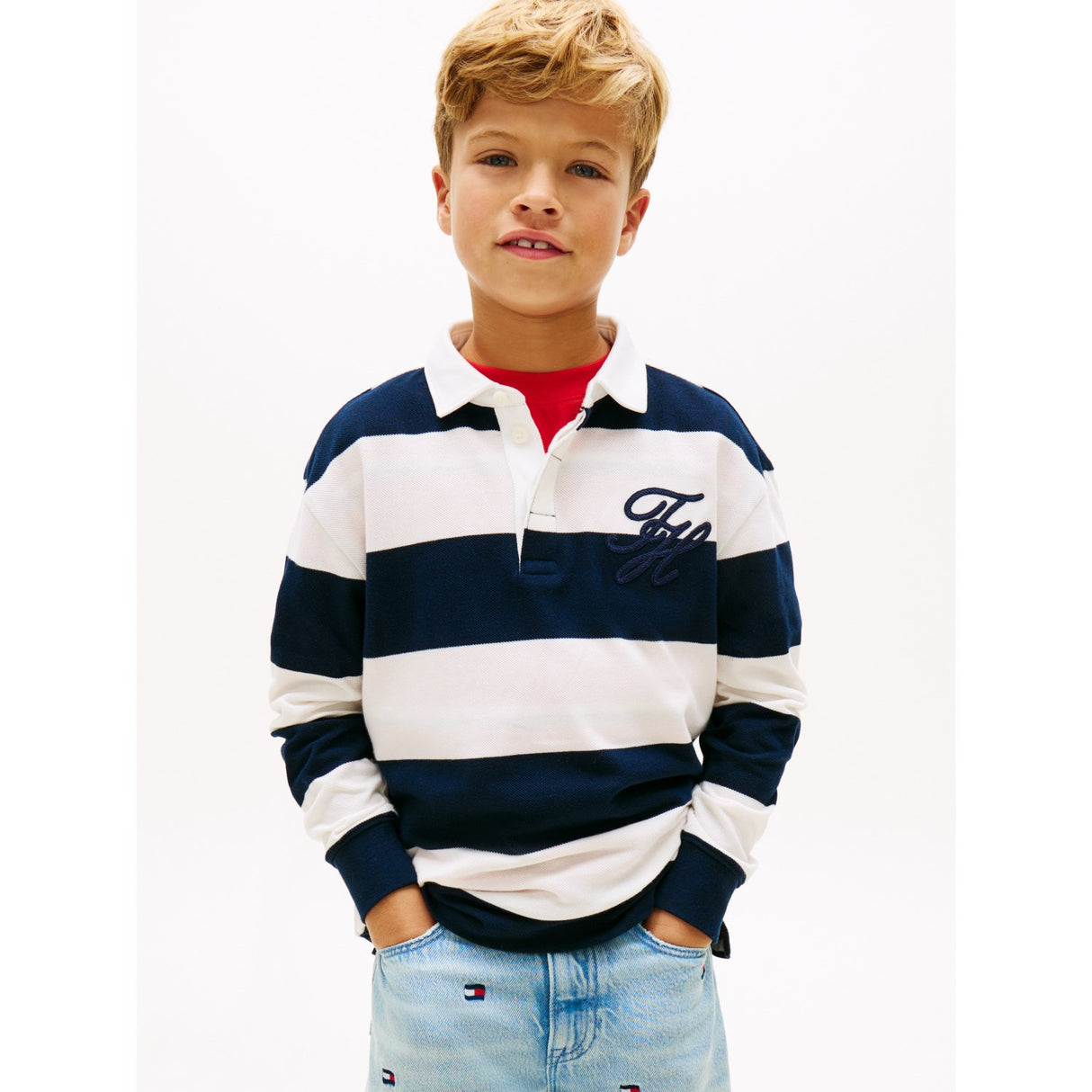 Tommy Hilfiger Dark Night Navy Stripe Th Script Graphic Rugby Polo Ls