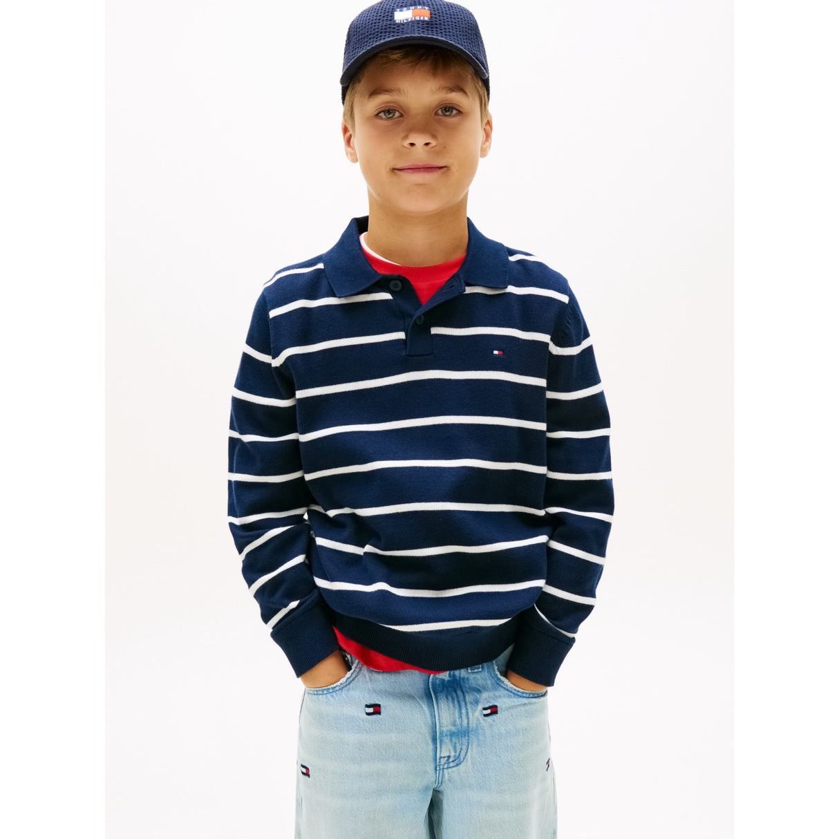 Tommy Hilfiger Dark Night Navy Stripe Polo Collar Sweater Ls