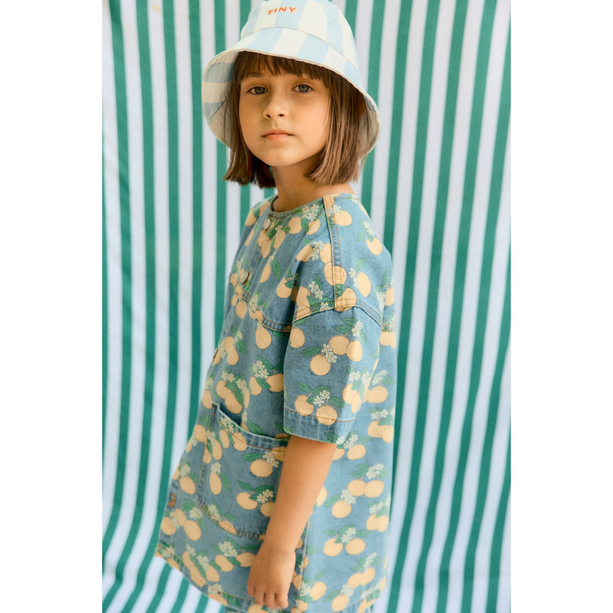 TinyCottons Light Wash Denim Oranges Denim Dress