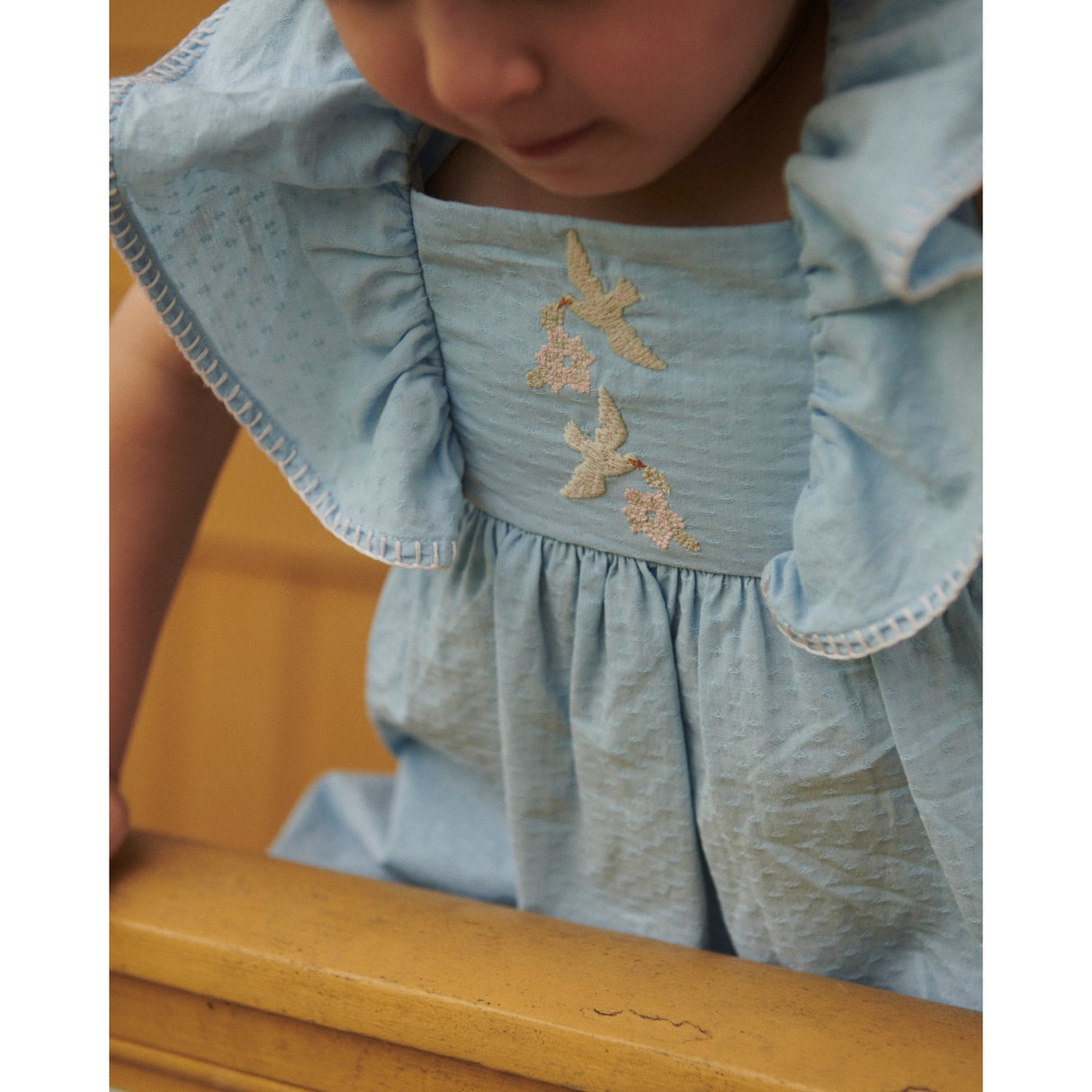 COPENHAGEN COLORS Lt. Blue Comb. Dress W. Frill & Emb.