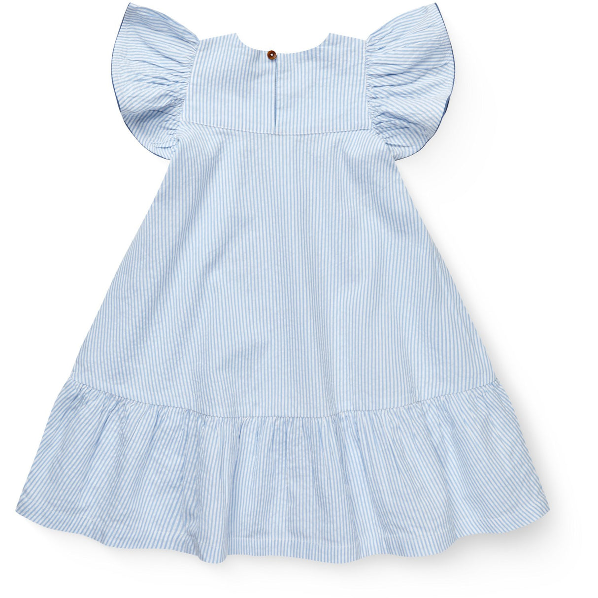 COPENHAGEN COLORS Sky Blue W Cream Stripe W Ocean Blue Seersucker Dress W. Frill Sleeves