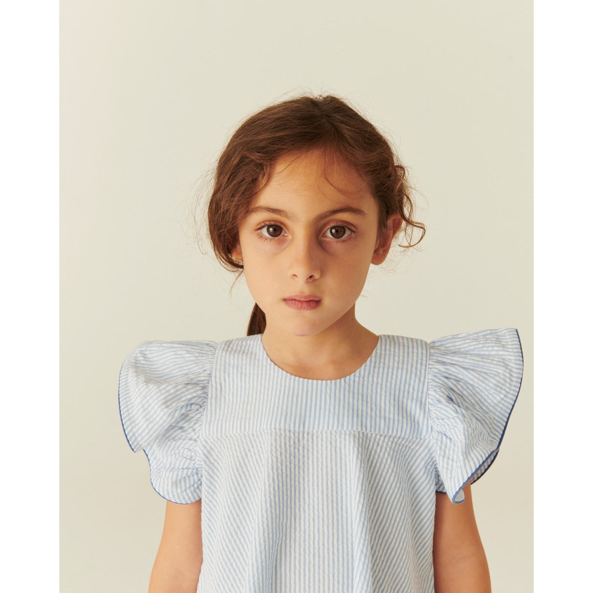 COPENHAGEN COLORS Sky Blue W Cream Stripe W Ocean Blue Seersucker Dress W. Frill Sleeves