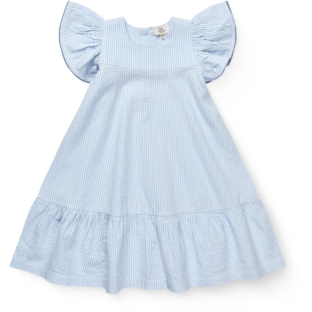COPENHAGEN COLORS Sky Blue W Cream Stripe W Ocean Blue Seersucker Dress W. Frill Sleeves