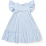 COPENHAGEN COLORS Sky Blue W Cream Stripe W Ocean Blue Seersucker Dress W. Frill Sleeves