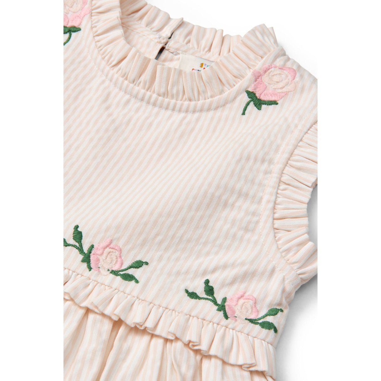 COPENHAGEN COLORS Dusty Rose W Cream Stripe Seersucker Dress W. Ruffles And Emb.