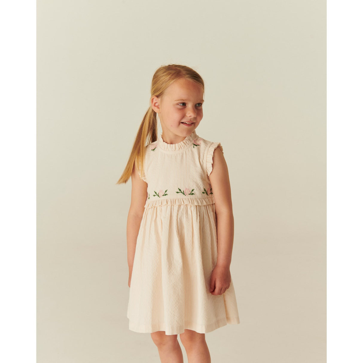 COPENHAGEN COLORS Dusty Rose W Cream Stripe Seersucker Dress W. Ruffles And Emb.