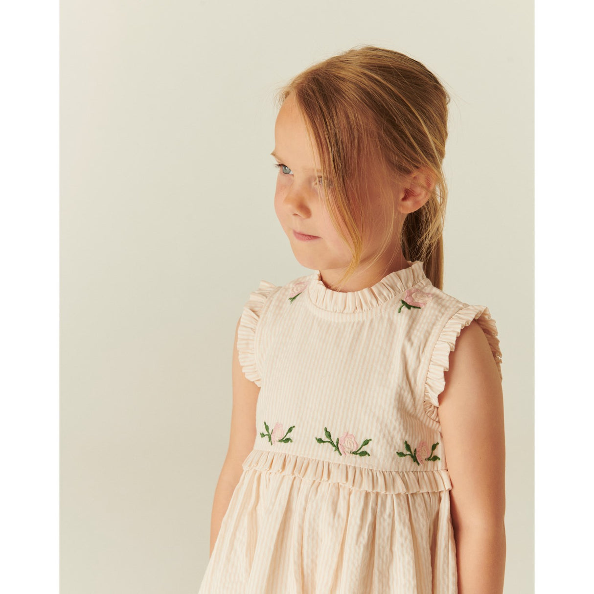 COPENHAGEN COLORS Dusty Rose W Cream Stripe Seersucker Dress W. Ruffles And Emb.