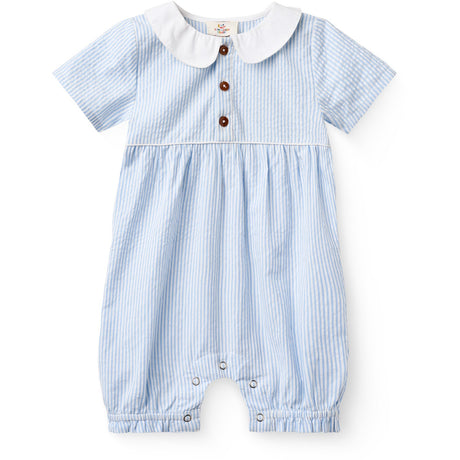 COPENHAGEN COLORS Sky Blue W Cream Stripe Seersucker Romper W. Collar