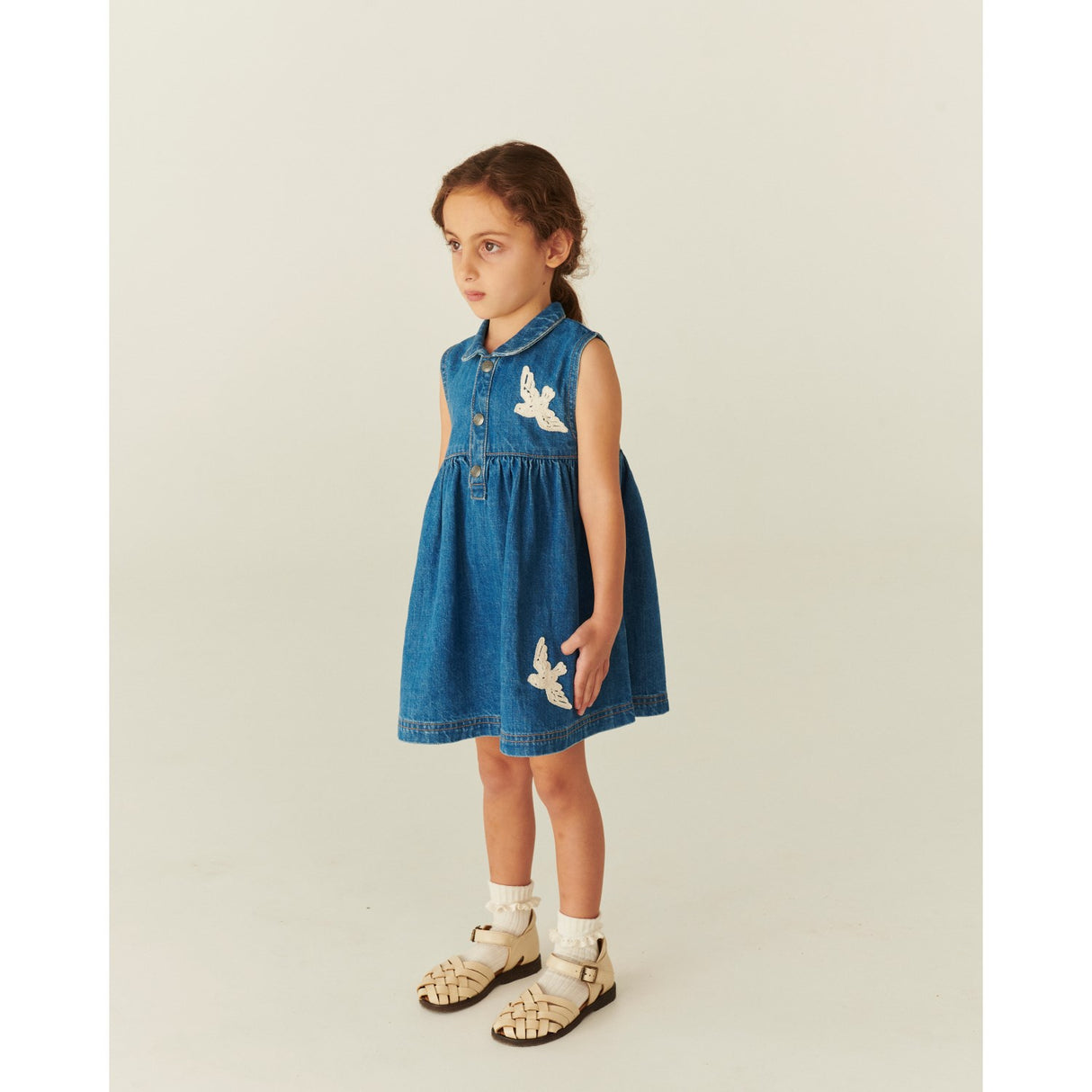 COPENHAGEN COLORS Indigo Blue Washed Denim Dress W. Crochet Doves