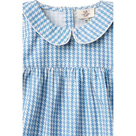 COPENHAGEN COLORS Blue Houndstooth Mini Houndstooth Blouse W. Collar