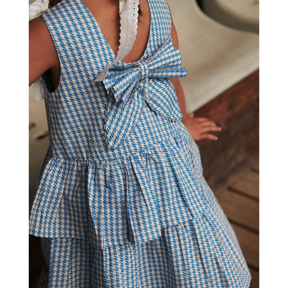 COPENHAGEN COLORS Blue Houndstooth Mini Houndstooth Dress W. Bow