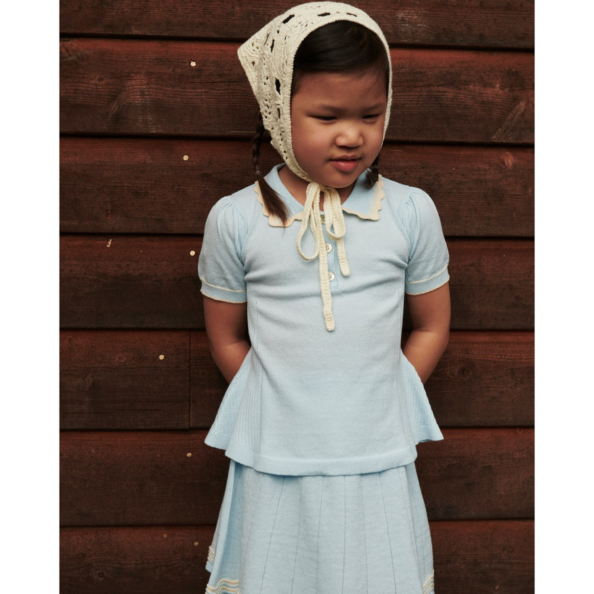 COPENHAGEN COLORS Ice Blue/Cream Comb. Knitted Peplum Blouse