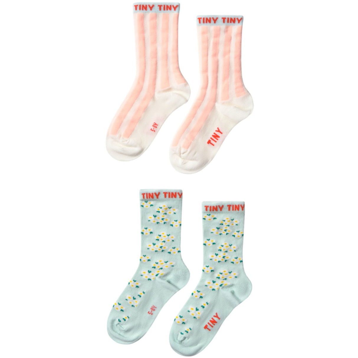 TinyCottons Pale Mint/off White Pink Stripes & Blossom Medium Socks