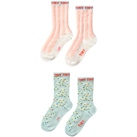 TinyCottons Pale Mint/off White Pink Stripes & Blossom Medium Socks