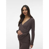 Mama;licious Chocolate Brown Melange Mlkira Tess Ls Jrs Top 2F