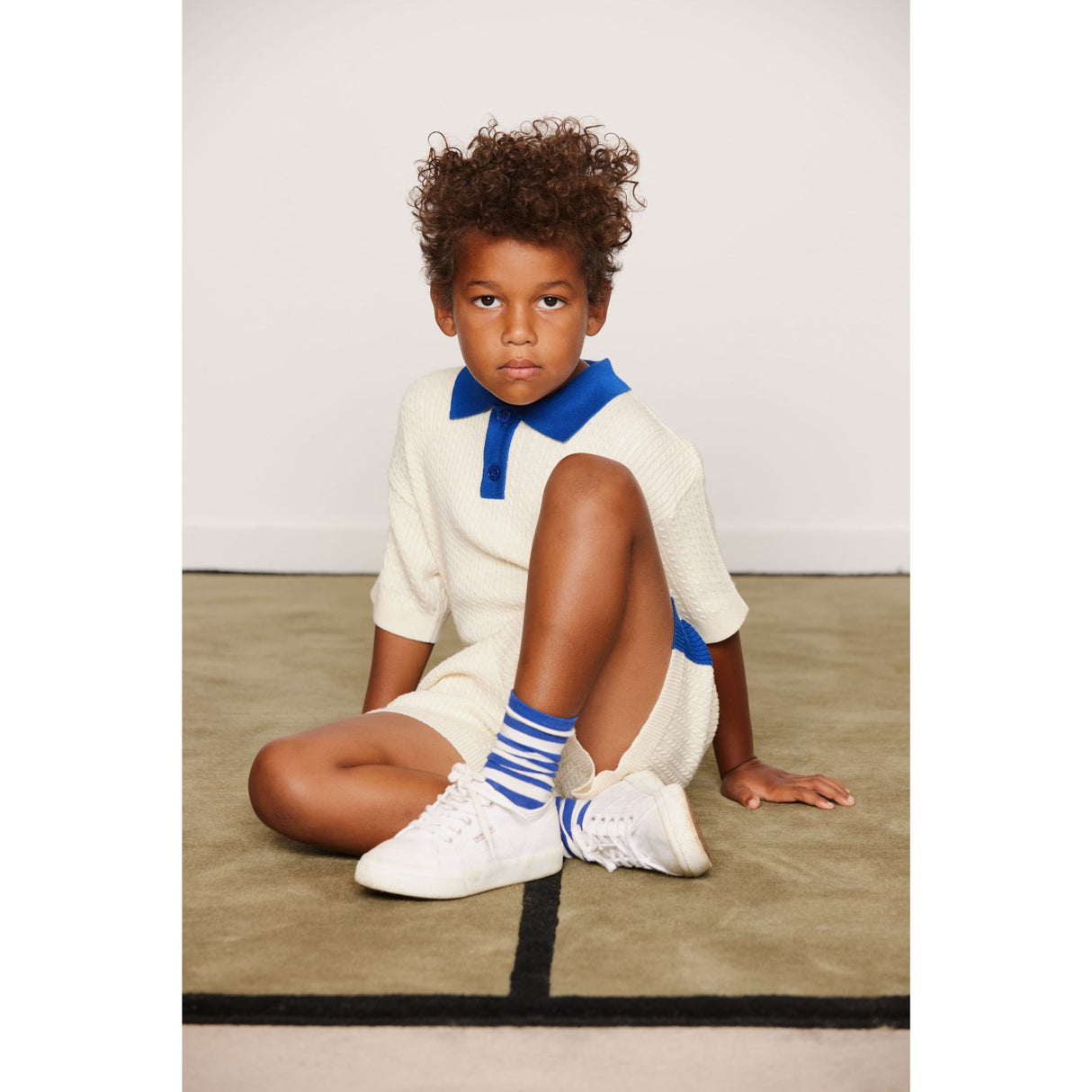 Mini Rodini Off-White Cable Knit Polo Shirt